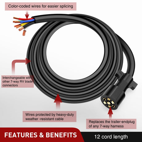 12Feet 7way Heavy Duty 7 Pin Plug Inline Trailer Cord Nilight