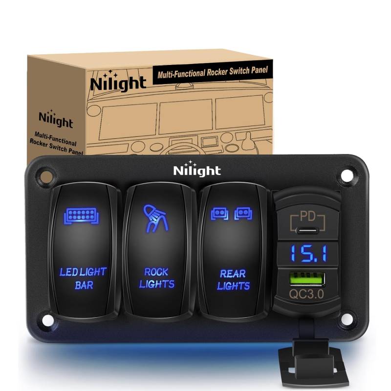 Nilight 4 Gang Rocker Switch Box 12V SPST ON Off Switch PD Type C and QC  3.0 USB