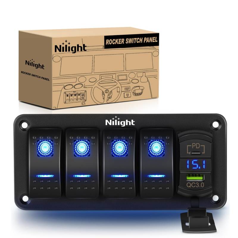 Nilight 4 Gang Rocker Switch Box 12V SPST ON Off Switch PD Type C and QC  3.0 USB
