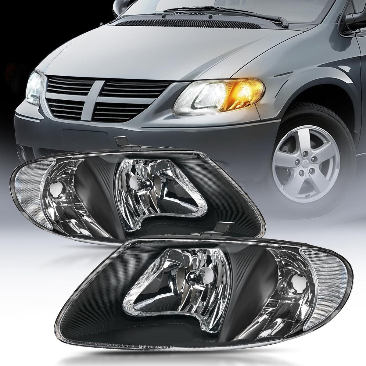 2001-2007 Chrysler Town & Country 2001-2003 Voyager 2001-2007 Dodge Grand  Caravan Headlight Assembly Black Case Clear Reflector