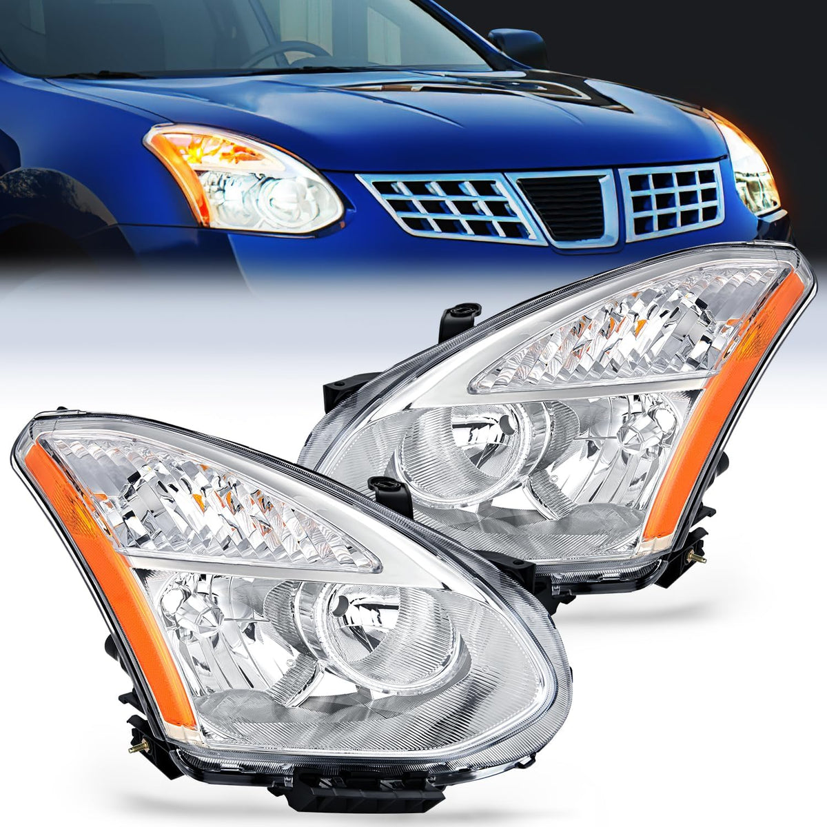 2008-2013 Nissan Rogue 2014 2015 Nissan Rogue Select Headlight Assembly  Chrome Housing Amber Reflector Upgraded Clear Lens