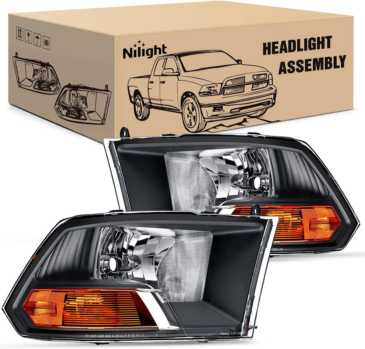 2009-2012 Dodge Ram 1500 2500 3500 Headlights Assembly Dual Beam Black Case