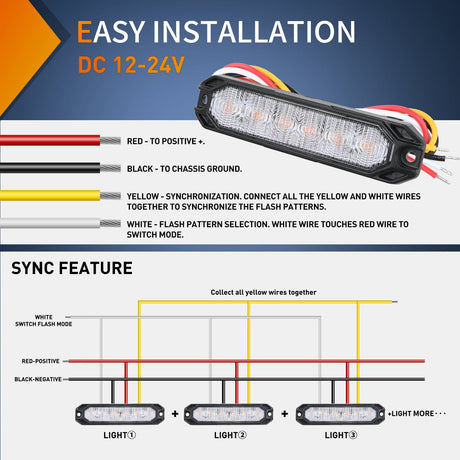 6LED Amber Surface Mount Flashing Emergency Strobe lights 4 PCS Nilight