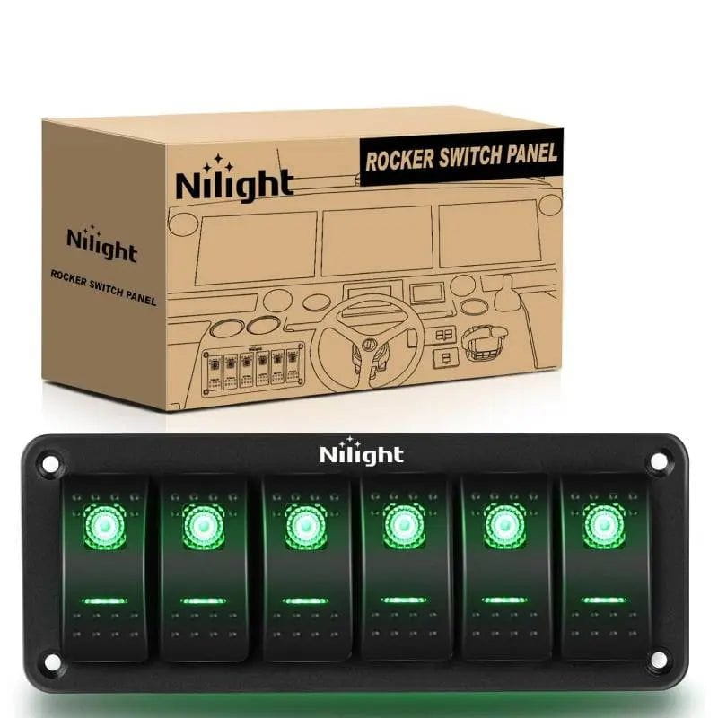 6Gang Aluminum 5Pin ON/Off Green Rocker Switch Panel – Nilight