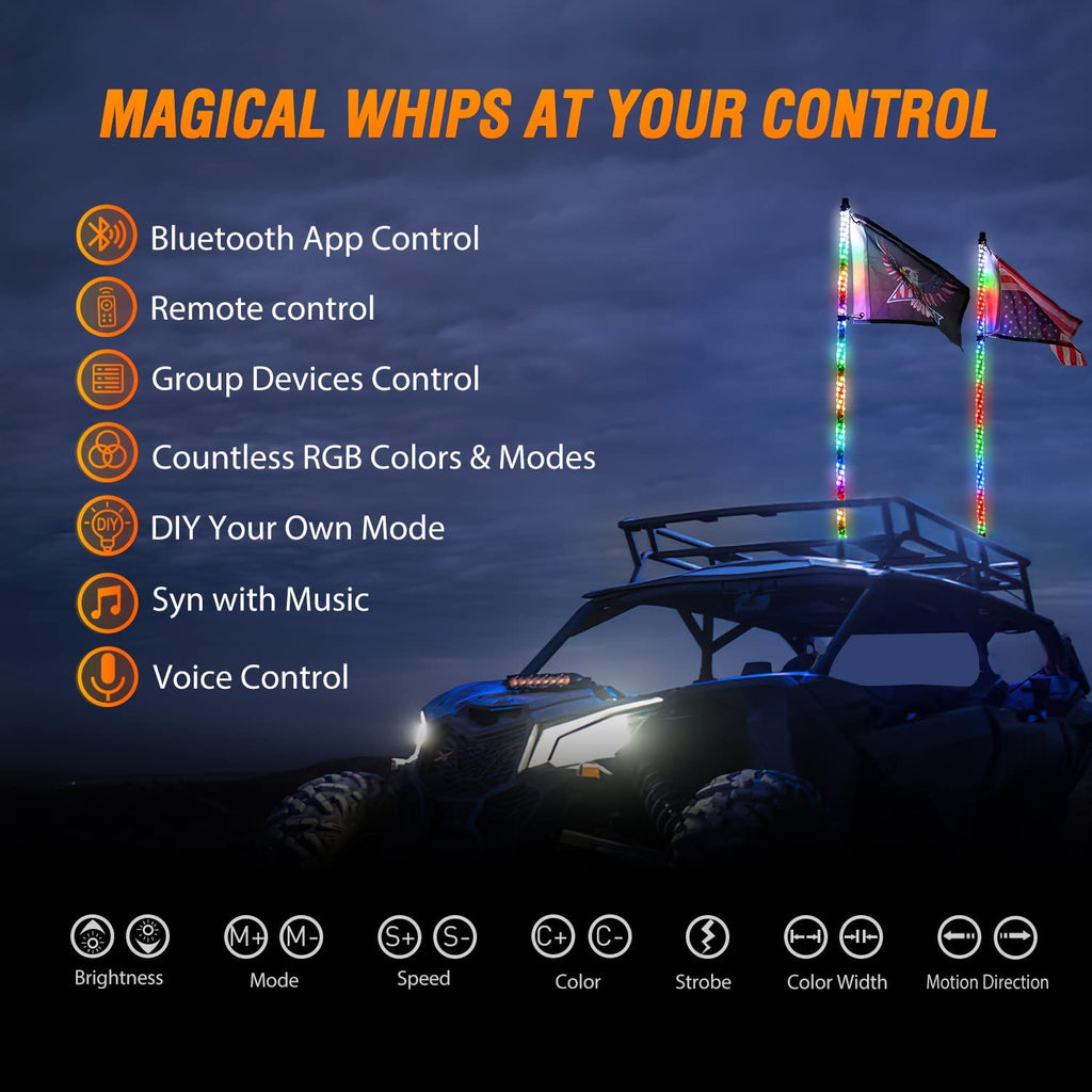 UTV LED Light Whips, ATV LED Light Whips, Blueetooth Chasing