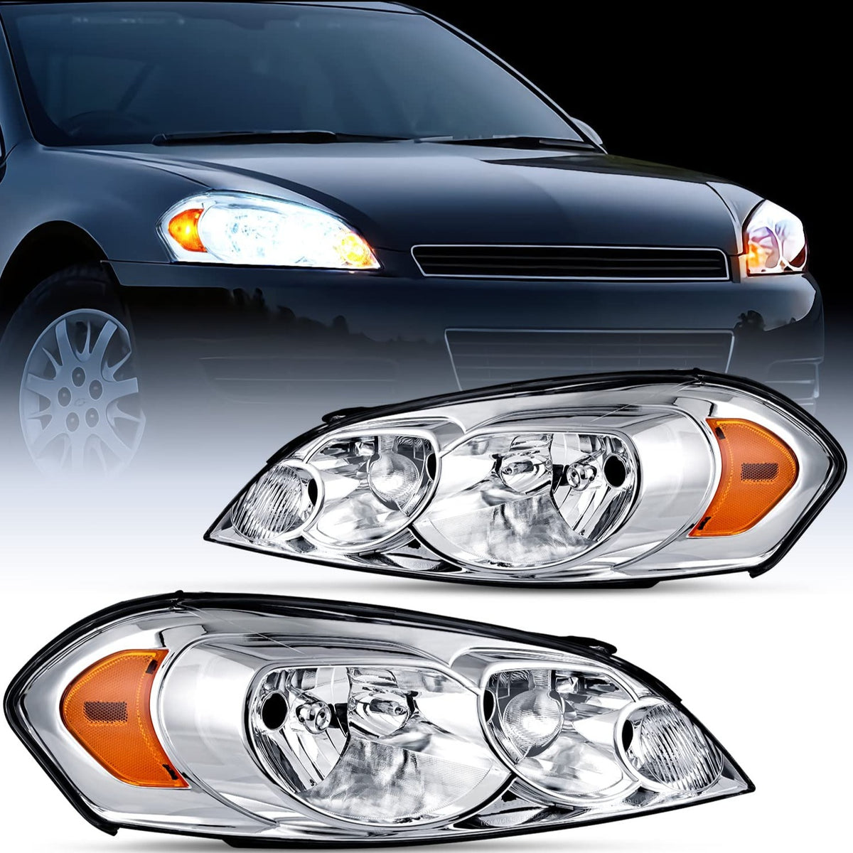 2006-2013 Chevrolet Impala 2014-2016 Impala Limited 2006 2007 Monte Carlo  Headlight Assembly Chrome Case Amber Reflector