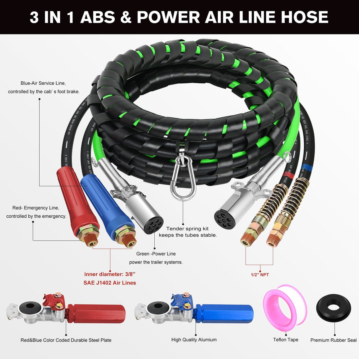 12FT 3-in-1 ABS Electrical Cord & Rubber Air Line Hose Kit with Gladhand&Handles Nilight