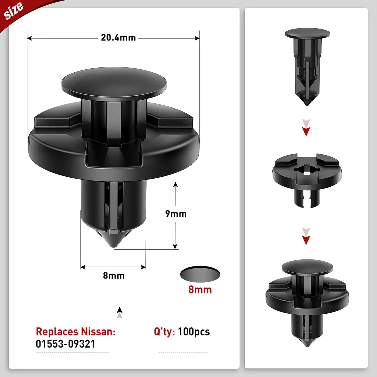 retainer clips 100 Pcs Hole 8mm Nylon Bumper Rivet Fender Clips OEM Replaces Nissan: 01553-093210 8mm