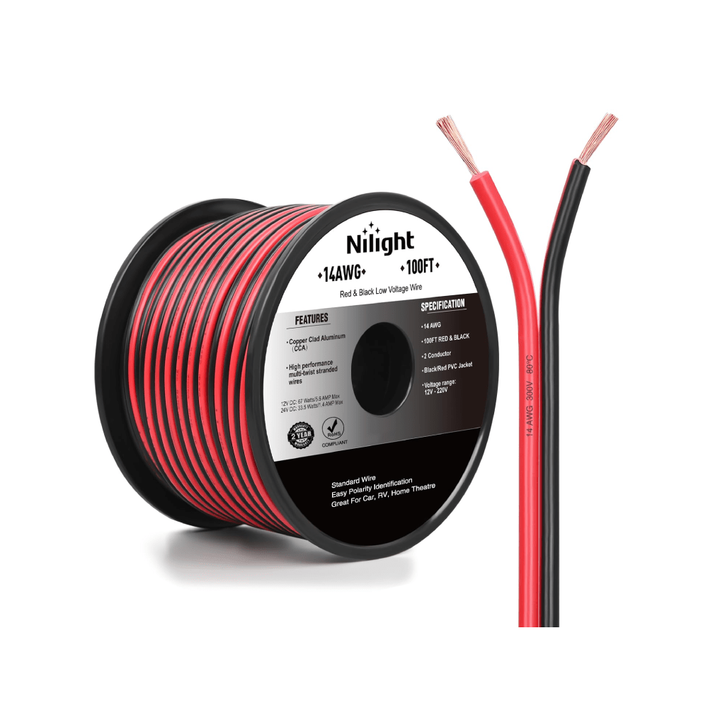 14AWG 100FT Wire Copper Clad Aluminum 2 Conductor Parallel Wire Red Black 12V/24V DC Cable Flexible Extension Cords for Model Train Car Audio Radio Amplifier DIY Nilight