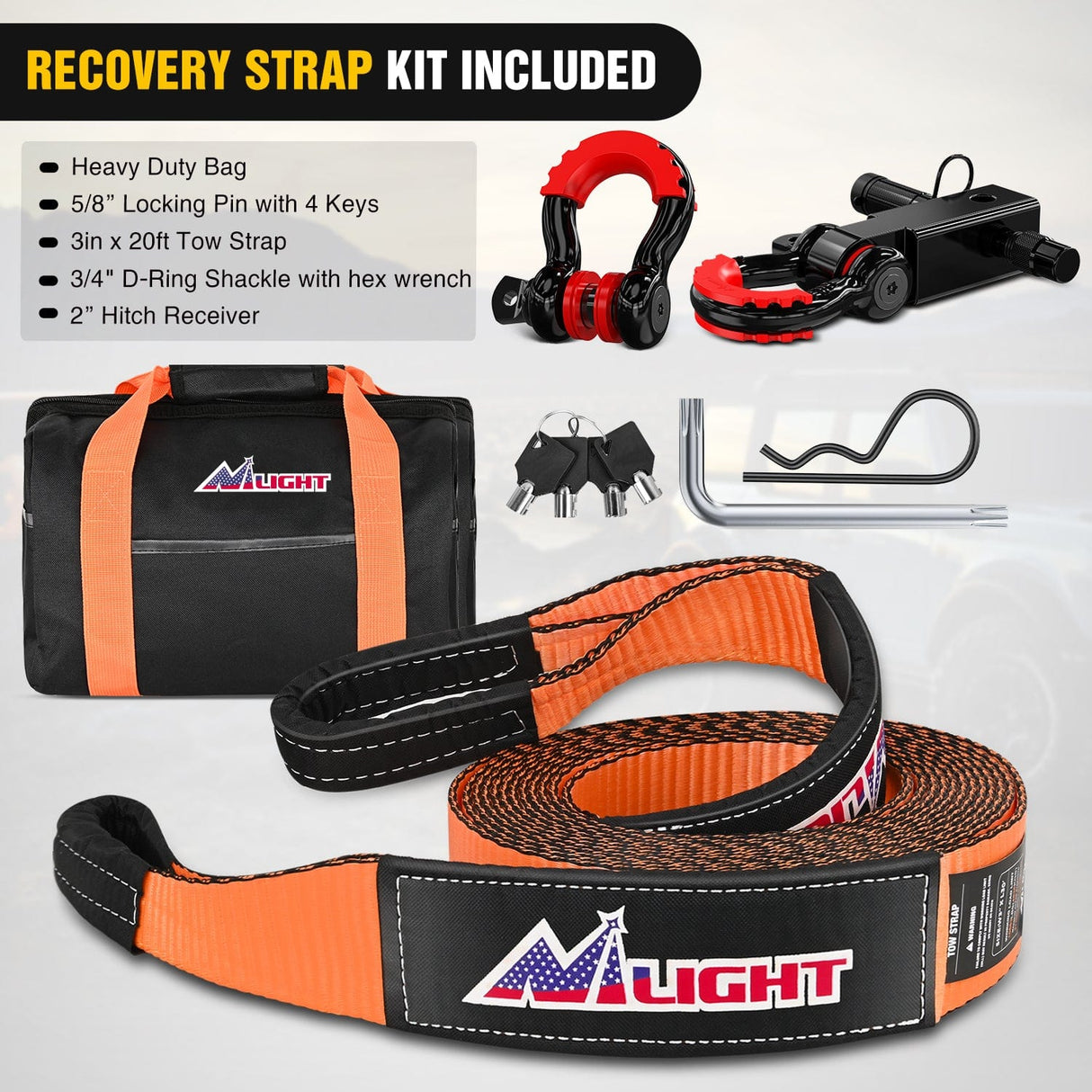 3 x 20 Inch Recovery Tow Strap Kit with 2Inch Hitch Receiver and 3/4Inch Anti-Theft D-Ring Shackles Nilight