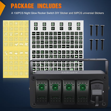 4Gang Aluminum ON/Off Rocker Switch Box w/ QC 3.0 Dual USB Charger Voltmeter with Green Backlit Nilight