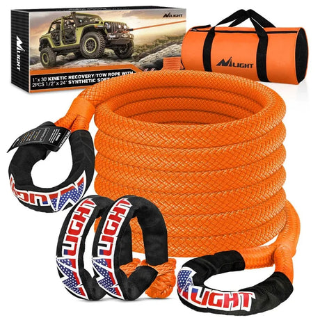 1in x 30ft Kinetic Recovery Rope & 2PCS 1/2 in x 24 in Soft Shackle 2 pcs