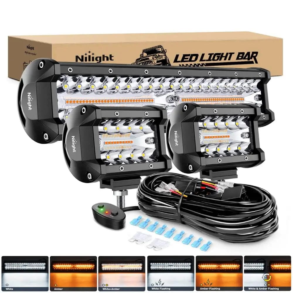 12 Inch 300W Amber White Led Light Bar Kit | 2PCS 4 Inch 60W Light Pods | 16AWG Wire Nilight