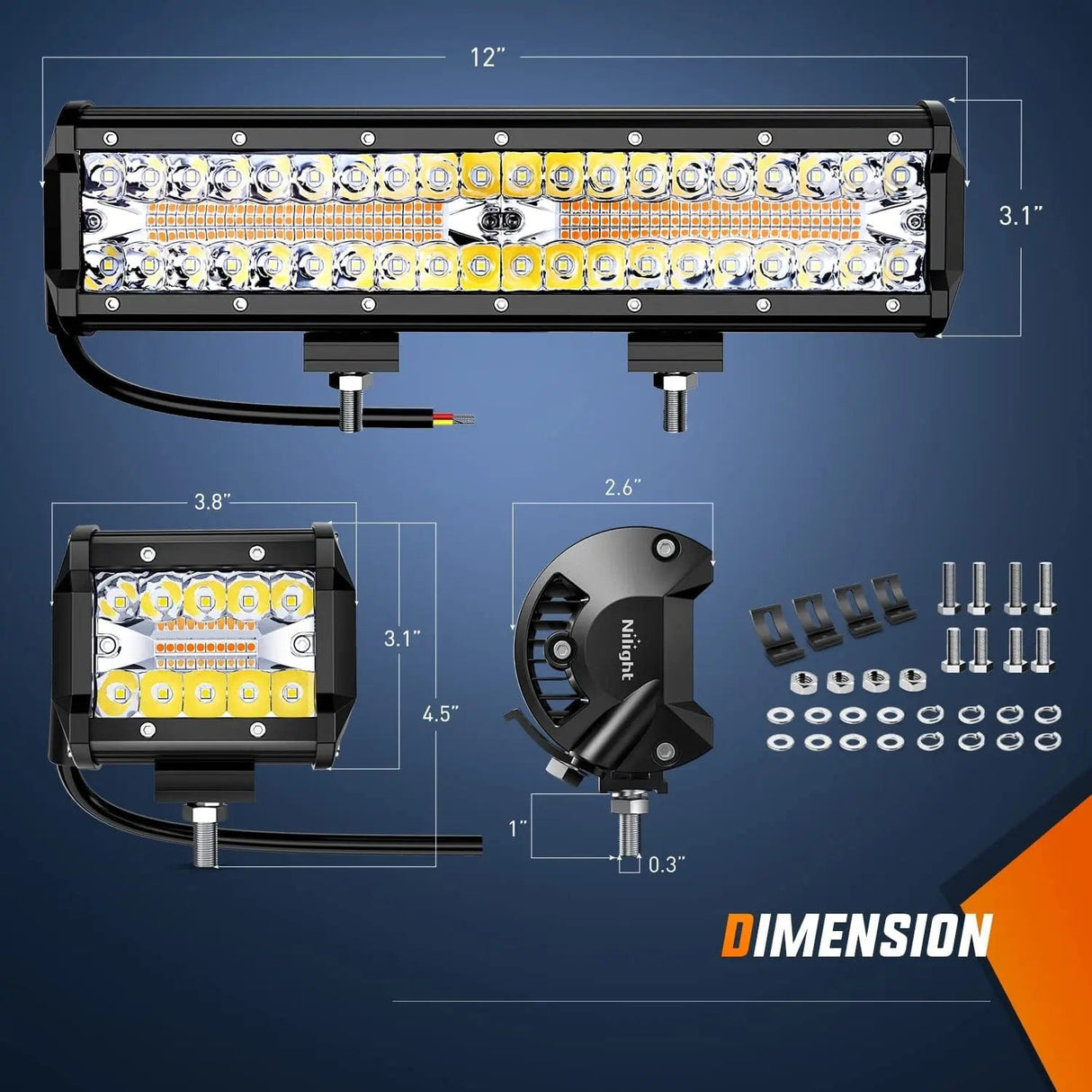 12 Inch 300W Amber White Led Light Bar Kit | 2PCS 4 Inch 60W Light Pods | 16AWG Wire Nilight