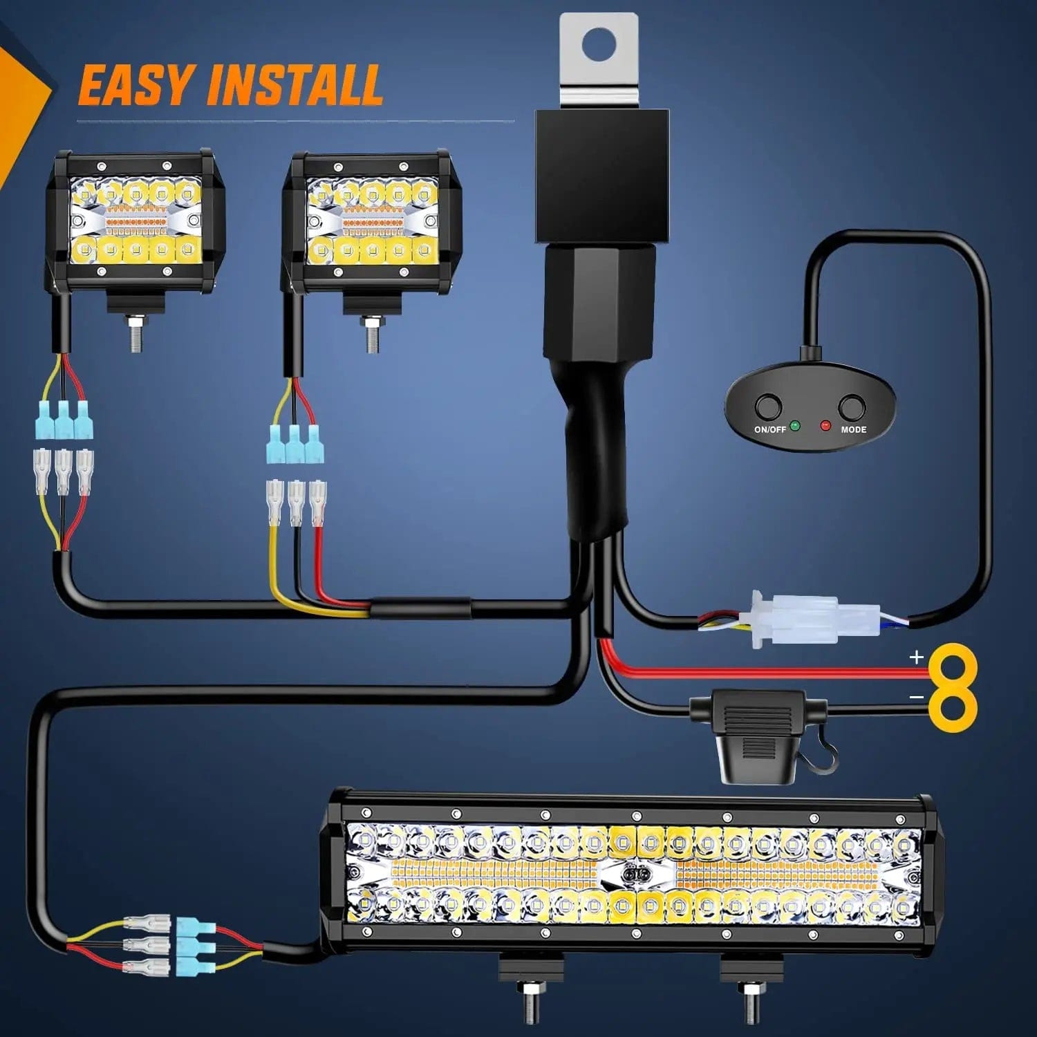 12 Inch 300W Amber White Led Light Bar Kit | 2PCS 4 Inch 60W Light Pods | 16AWG Wire Nilight