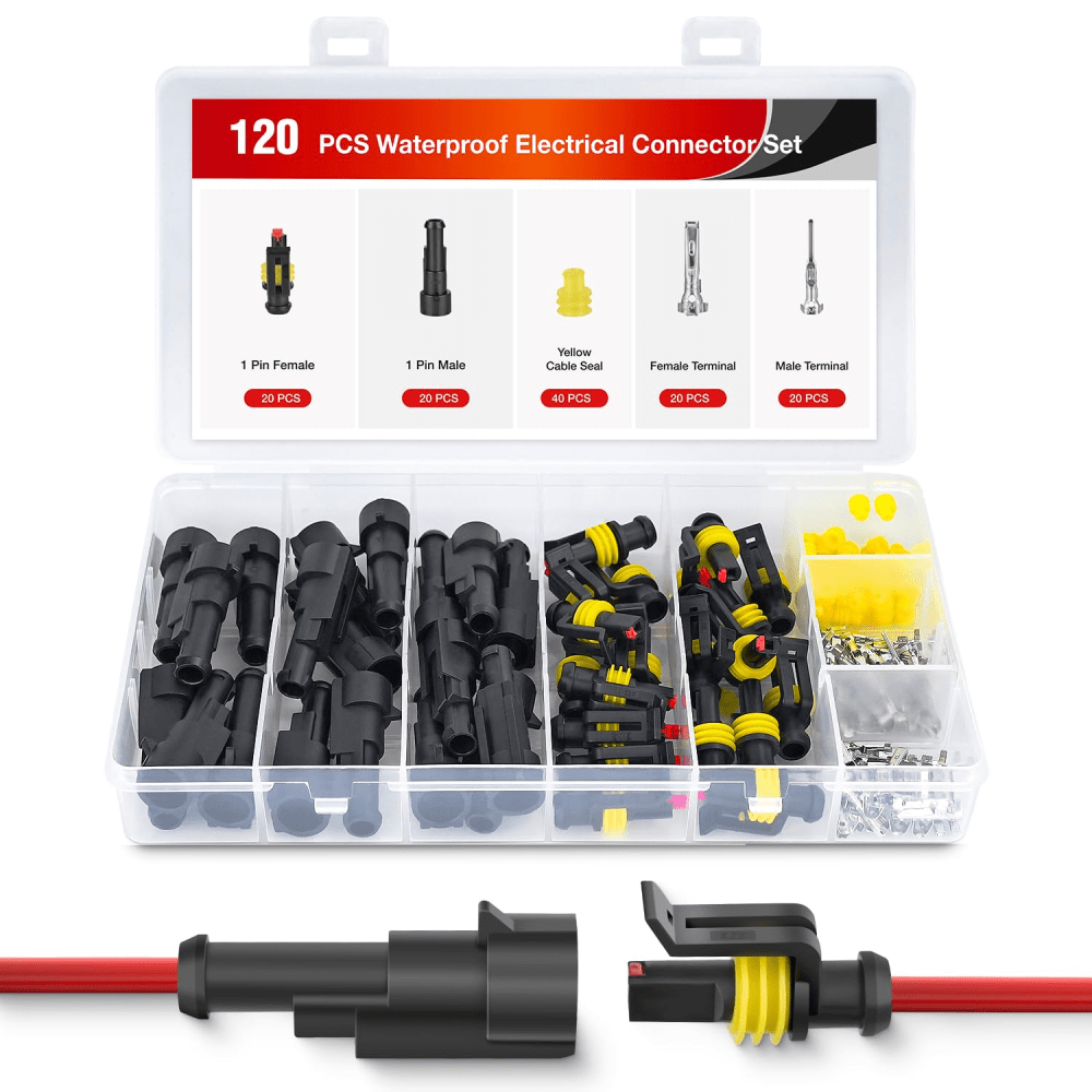 120PCS 1 Pin Electrical Connector ‎Plug Male Female Terminal Wire Connector Waterproof Connectors 1 Way Automotive Connect Set
