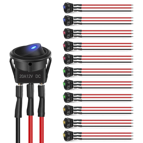 12Pcs 12V 20A Round Toggle LED Switch With Wires Nilight