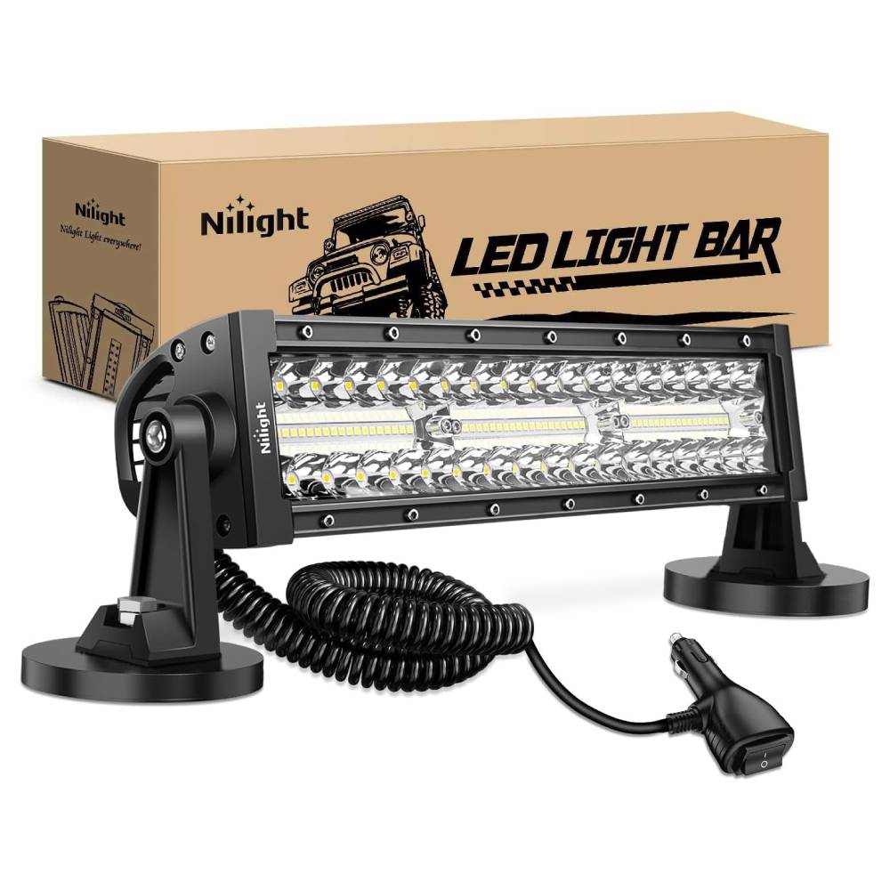 13.5 Inch 288W Triple Row 96LEDs Spot Flood LED Light Bar Kit | Cigarette Lighter 10FT Wire Magnet Bases Nilight