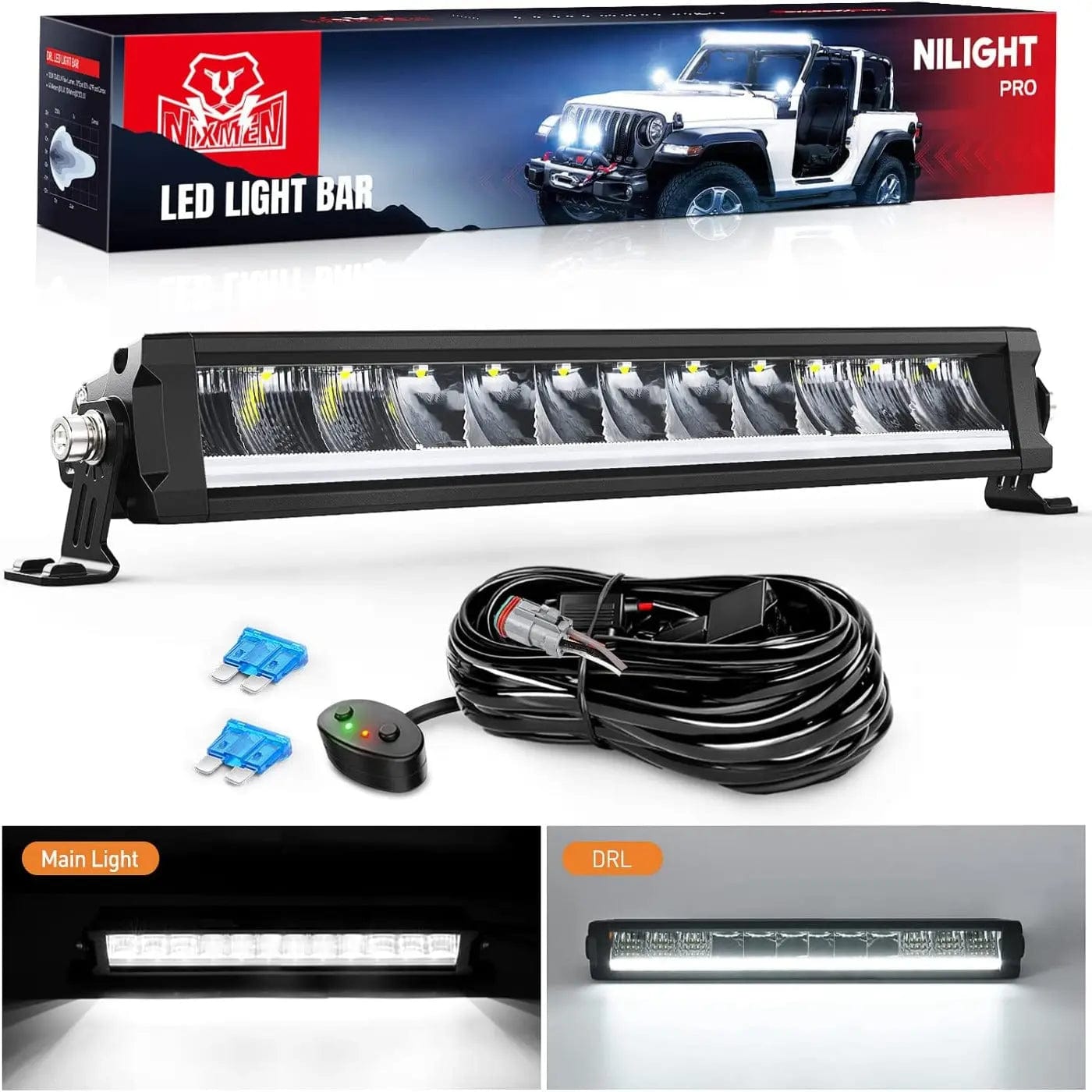 15.5 Inch 60W 6650LM Slim Spot Flood DRL LED Light Bar Kit | 16AWG Wire DT Switch Nilight