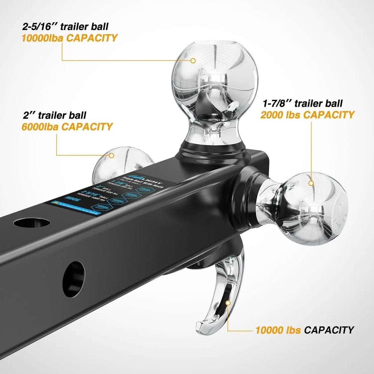 Hitch Ball Mount, 1-7/8in, 2in, 2-5/16in Balls and Tow Hook (2in Shank, 10000 lbs) Nilight Led Light