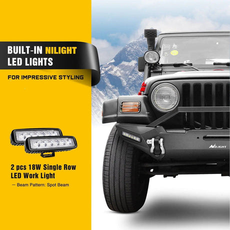 Front Bumper 1987-2006 Jeep Wrangler TJ & YJ Front Bumper Rock Crawler Bumper with 2Pcs LED Lights Winch Plate 2Pcs D-Rings Upgraded Textured Black