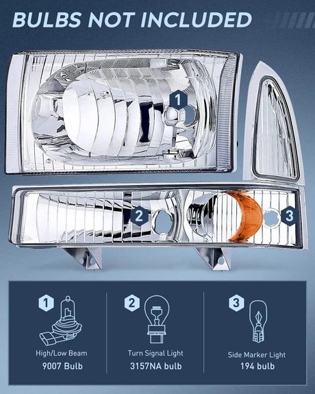 Headlight Assembly 1999-2004 F250 F350 F450 F550 Headlight Assembly Chrome Case Amber Reflector