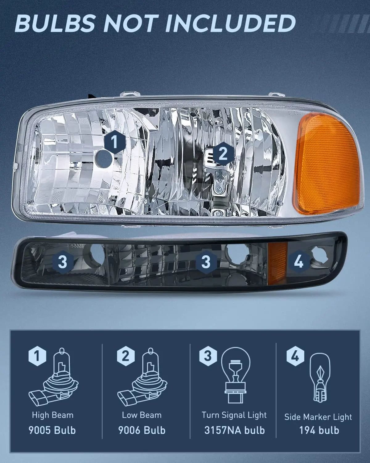 Headlight Assembly 1999-2006 GMC Sierra Yukon Headlight Assembly Chrome Case Amber Reflector Smoke Lens