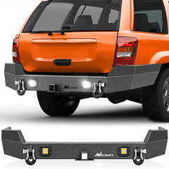 1999-2004 Jeep Grand Cherokee WJ Rear Bumper 2inch Hitch Receiver 18w LED Light Pods D-rings Textured Black Solid Steel