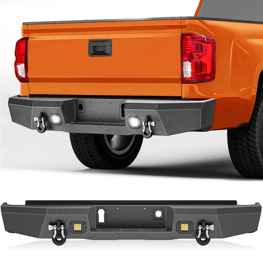 Rear Step Bumper for 2014-2018 Chevy Silverado/GMC Sierra 1500 Pickup Trucks Textured Solid Steel with 2 Upgraded Flood 18W LED Lights D-Rings Nilight