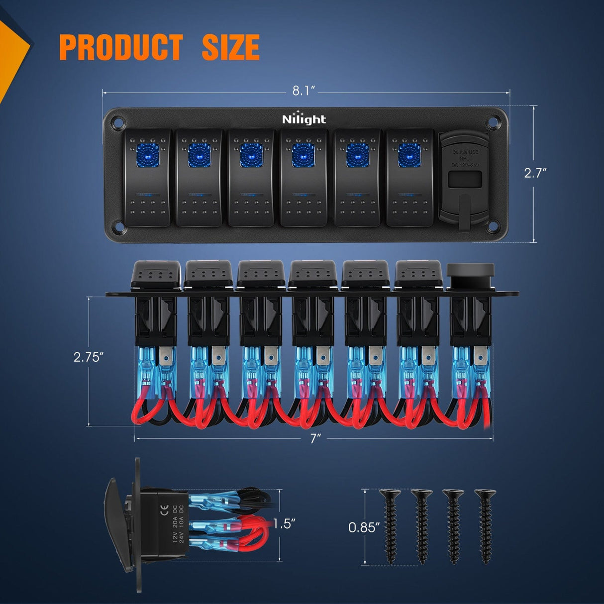 6 Gang Switch Panel With QC3.0 & PD Charger And Voltmerter Nilight
