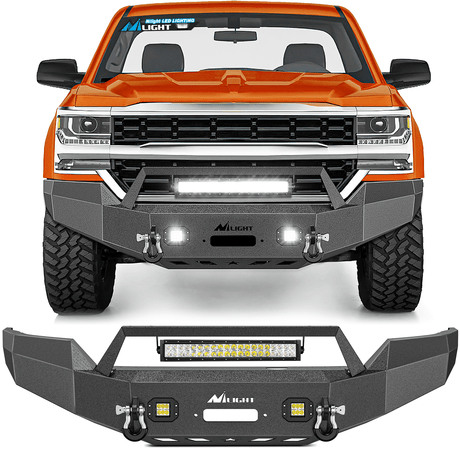 Front Bumper for 2016-2018 Chevy Silverado 1500 Pickup Trucks Textured Black Solid Steel Off-road with 120W Light Bar 18w Pods Nilight