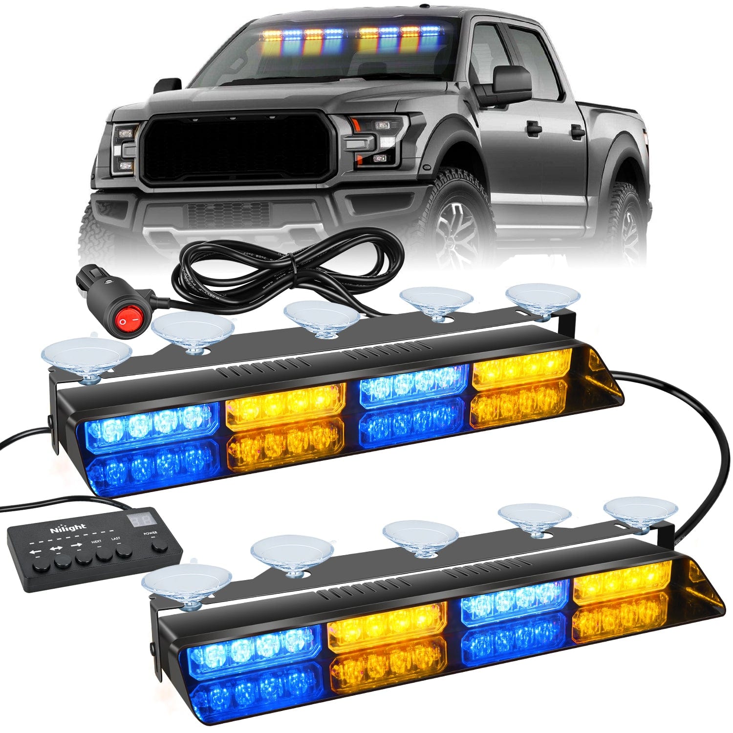 32LED Amber Blue Emergency Dash Strobe Lights with Controller Suction Cups Nilight