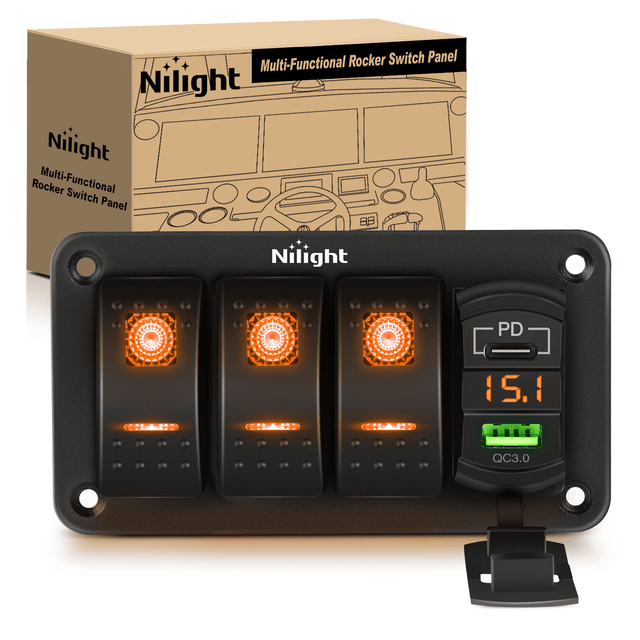 3 Gang Switch Panel With QC3.0 & PD Charger And Voltmerter with Orange Backlit Nilight