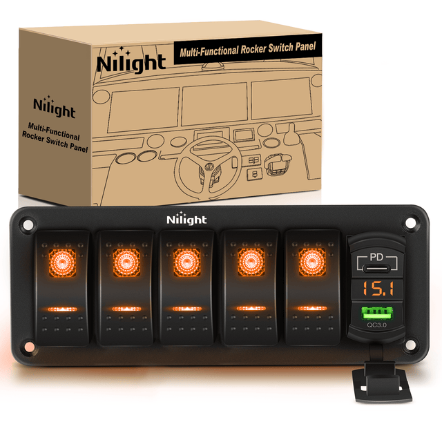 5 Gang Switch Panel With QC3.0 & PD Charger And Voltmerter with Orange Backlit Nilight