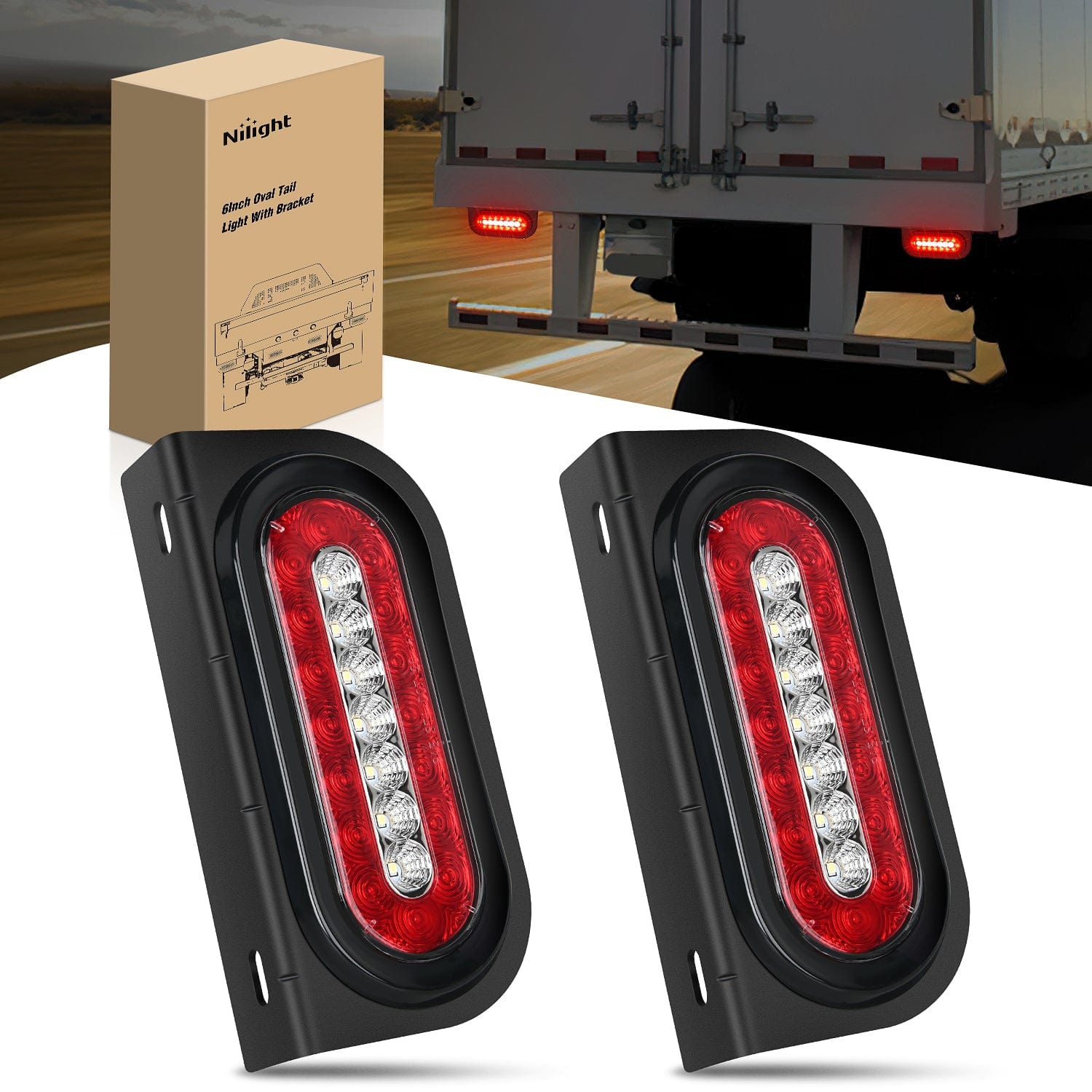 6Inch Red White Oval Tail Light w/ Mounting Bracket Nilight