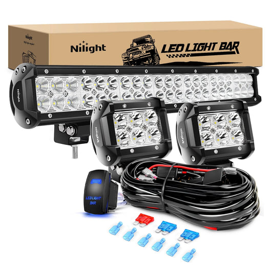 20Inch 126W Led Light Bars 2Pcs 18W Led Pods with Wiring Harness Kit-3 Leads Nilight