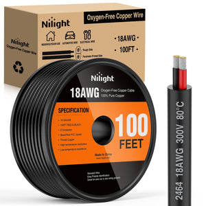 100FT 18AWG Oxygen-Free Copper Wire Red Black Electrical Wire Stranded PVC Cord 2 Conductor Parallel 300V DC Flexible Extension Cords