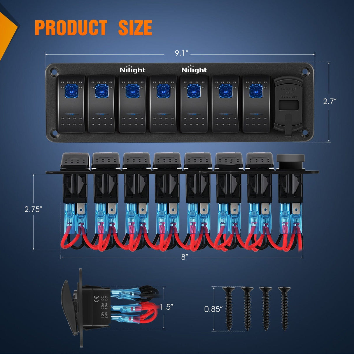 7 Gang Switch Panel With QC3.0 & PD Charger And Voltmerter Nilight