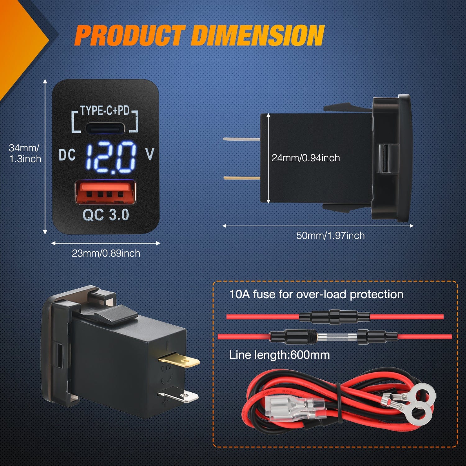 12V USB Charger PD Type C and USB Quick Charge with LED Voltmeter Nilight