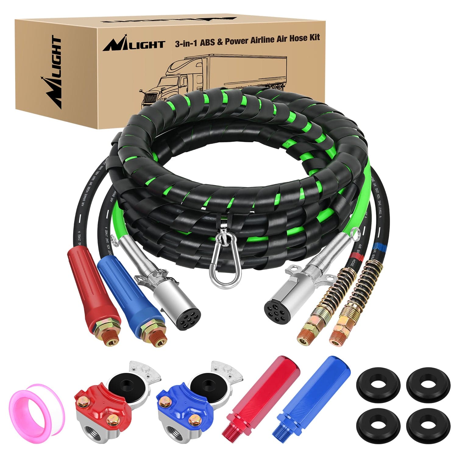 12FT 3-in-1 ABS Electrical Cord & Rubber Air Line Hose Kit with Gladhand&Handles Nilight