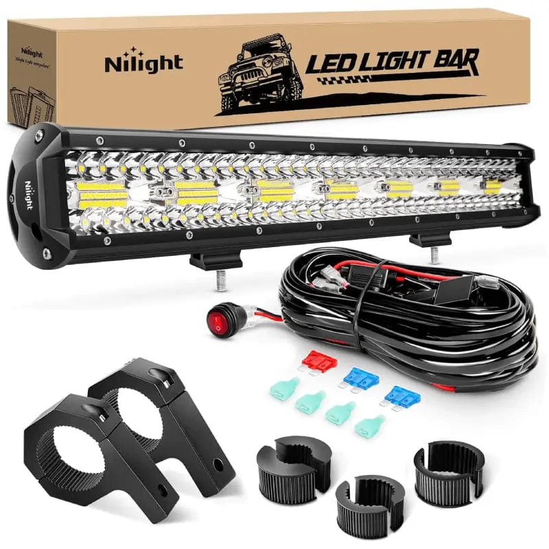 20 Inch 420W 42000LM Triple Row Spot Flood LED Light Bar | Horizontal Bar Clamp Mount | 16AWG Wire 3Pin Switch Nilight