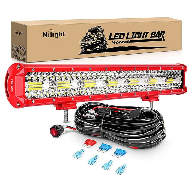 20 Inch 420W Triple Row Red Case Spot Flood LED Light Bar | 16AWG Wire 3Pin Switch Nilight