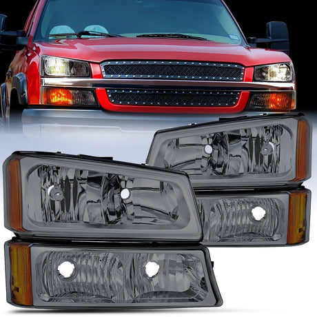 Headlight Assembly 2003-2006 Chevy Silverado 1500 1500HD 2500 2500HD Headlight Assembly Chrome Case Amber Reflector Smoke Lens