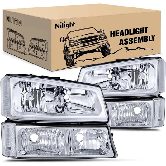 2003-2006 Chevy Silverado Avalanche 1500 1500HD 2500 2500HD 3500 Headlight Assembly Chrome Case Reflector Clear Lens Nilight