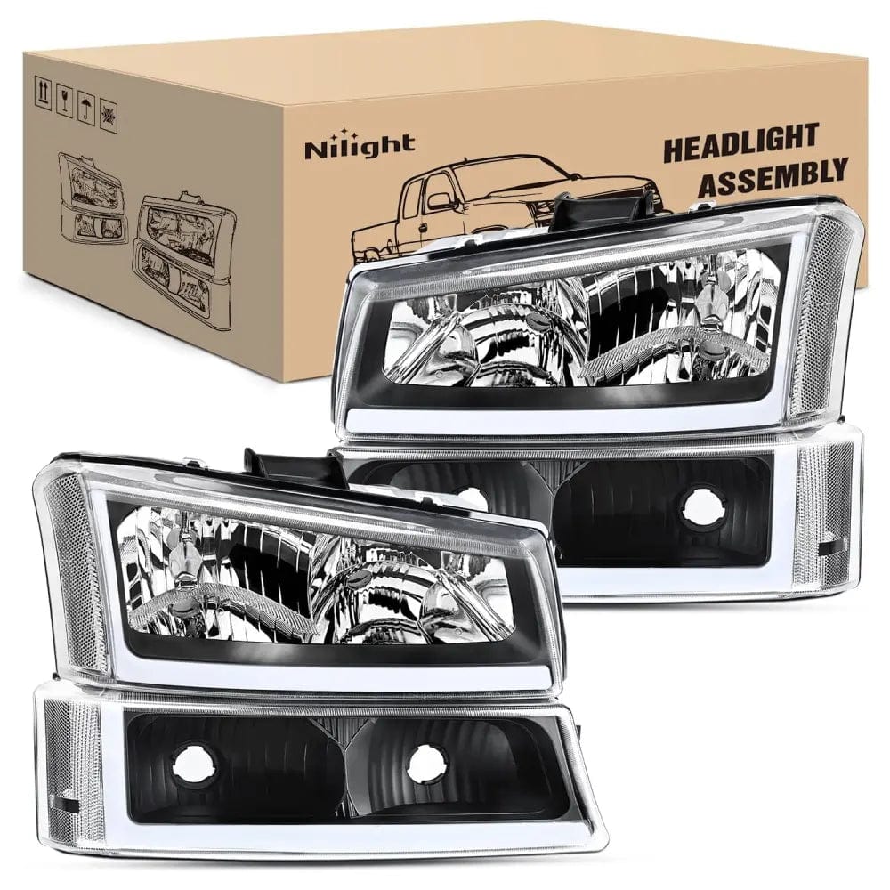 2003-2007 Chevy Silverado Avalanche 1500 2500 3500 Headlight Assembly Black Case Clear Reflector DRL Nilight