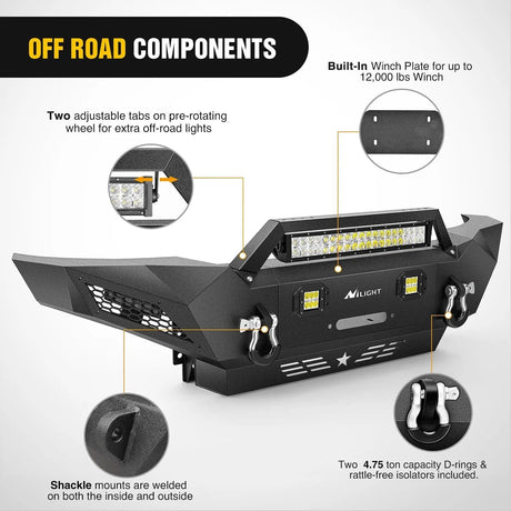 2005-2015 Toyota Tacoma Front Bumper Full Width Solid Steel Winch Plate Offroad 120W Light Bar 18w Pods Nilight