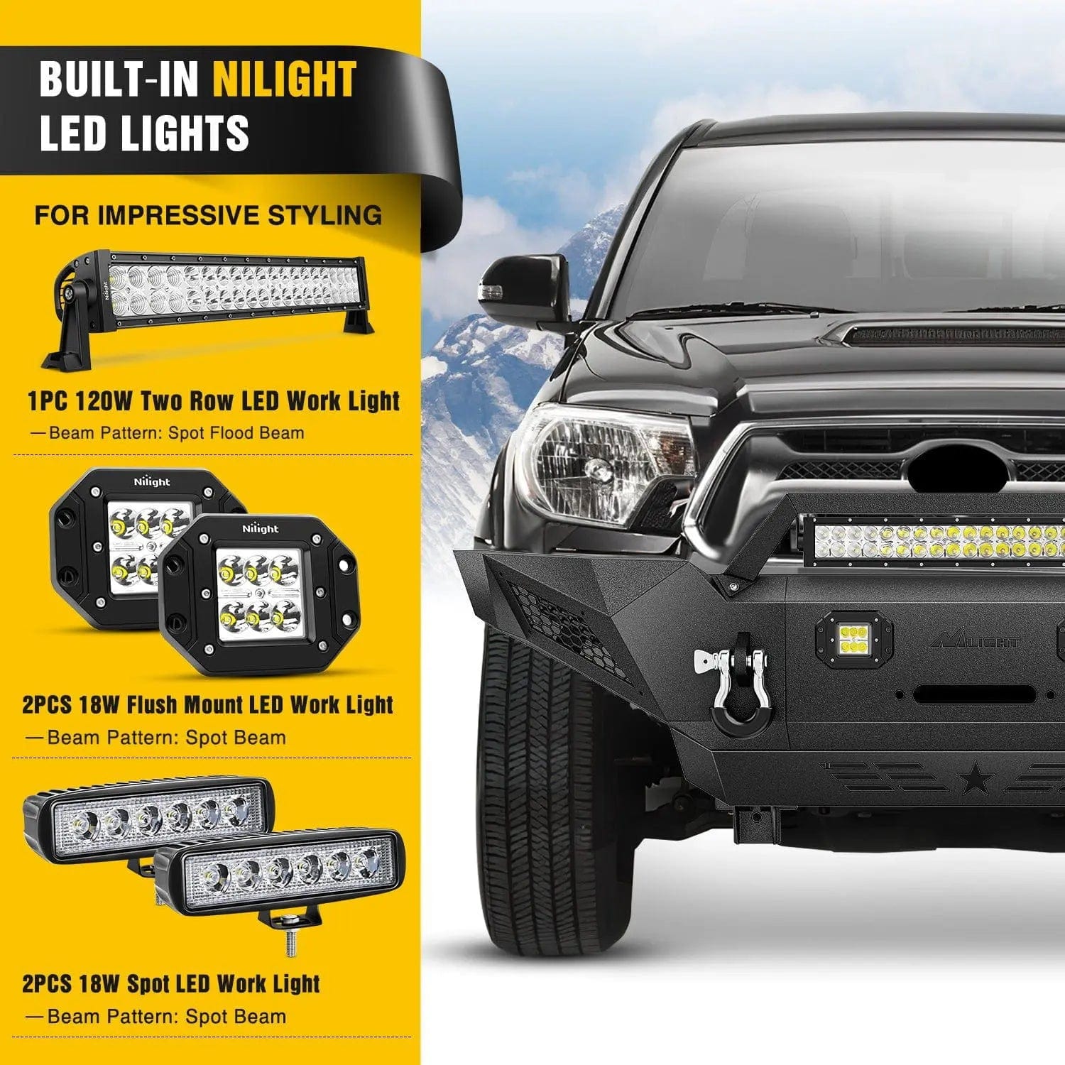 2005-2015 Toyota Tacoma Front Bumper Full Width Solid Steel Winch Plate Offroad 120W Light Bar 18w Pods Nilight