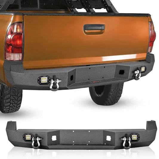 2005-2015 Toyota Tacoma Rear Step Bumper Full Width Textured Black Solid Steel 2Pcs Off-Road 18W Lights Pair D-Rings Nilight