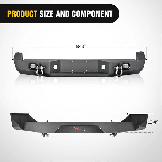 2005-2015 Toyota Tacoma Rear Step Bumper Full Width Textured Black Solid Steel 2Pcs Off-Road 18W Lights Pair D-Rings Nilight