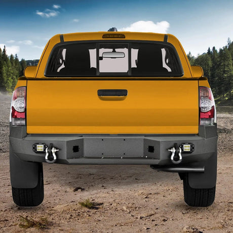 2005-2015 Toyota Tacoma Rear Step Bumper Full Width Textured Black Solid Steel 2Pcs Off-Road 18W Lights Pair D-Rings Nilight